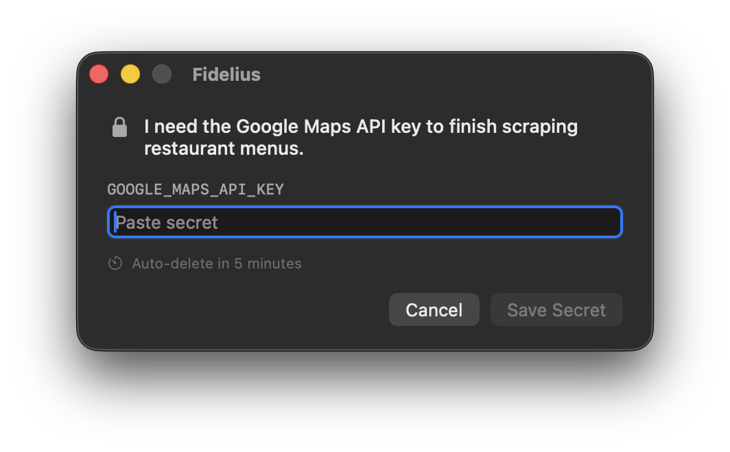 The real Fidelius macOS window requesting a Google Maps API key